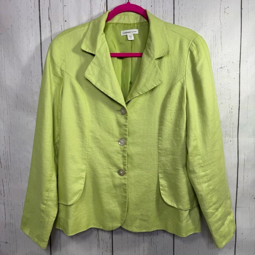 Coldwater Creek Green Linen Blazer Size 14 Lightweight Button Front Preppy